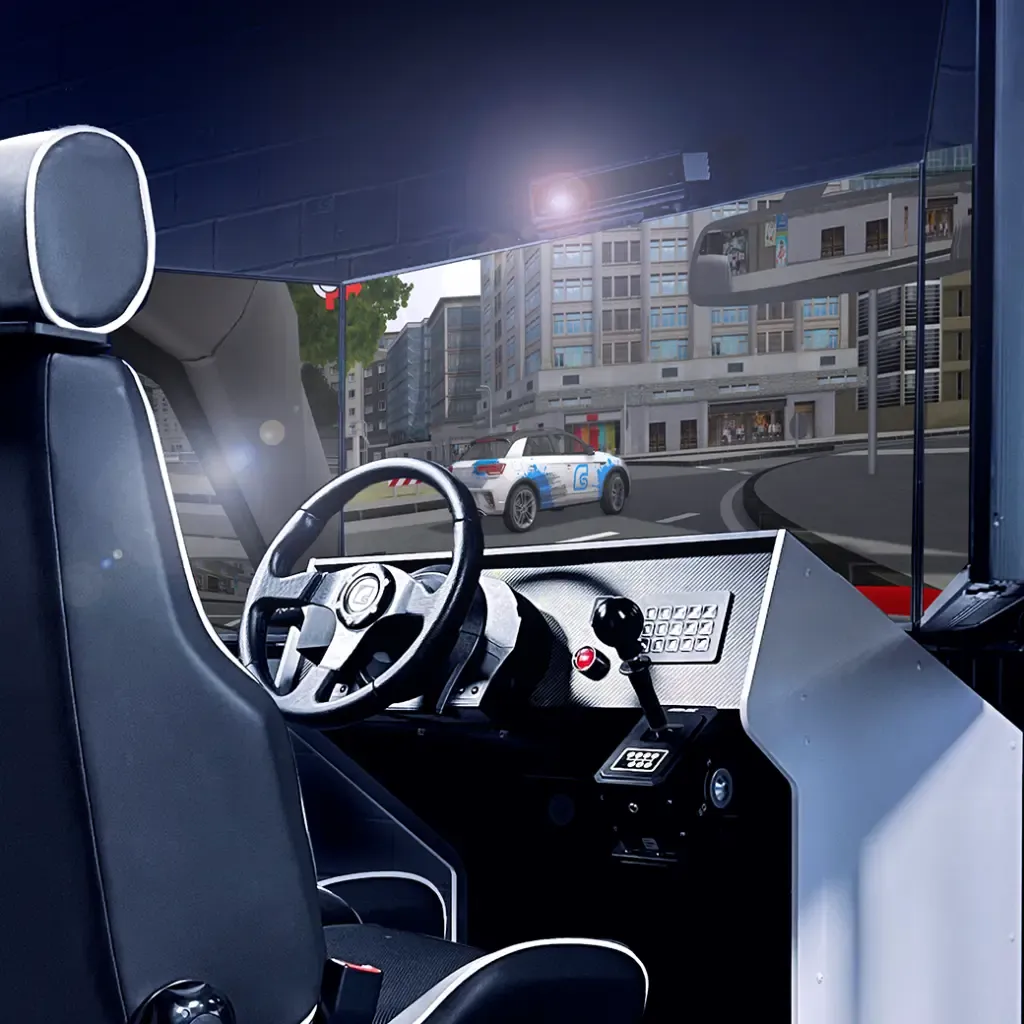 Blick aus dem Simulator in den Stadtverkehr