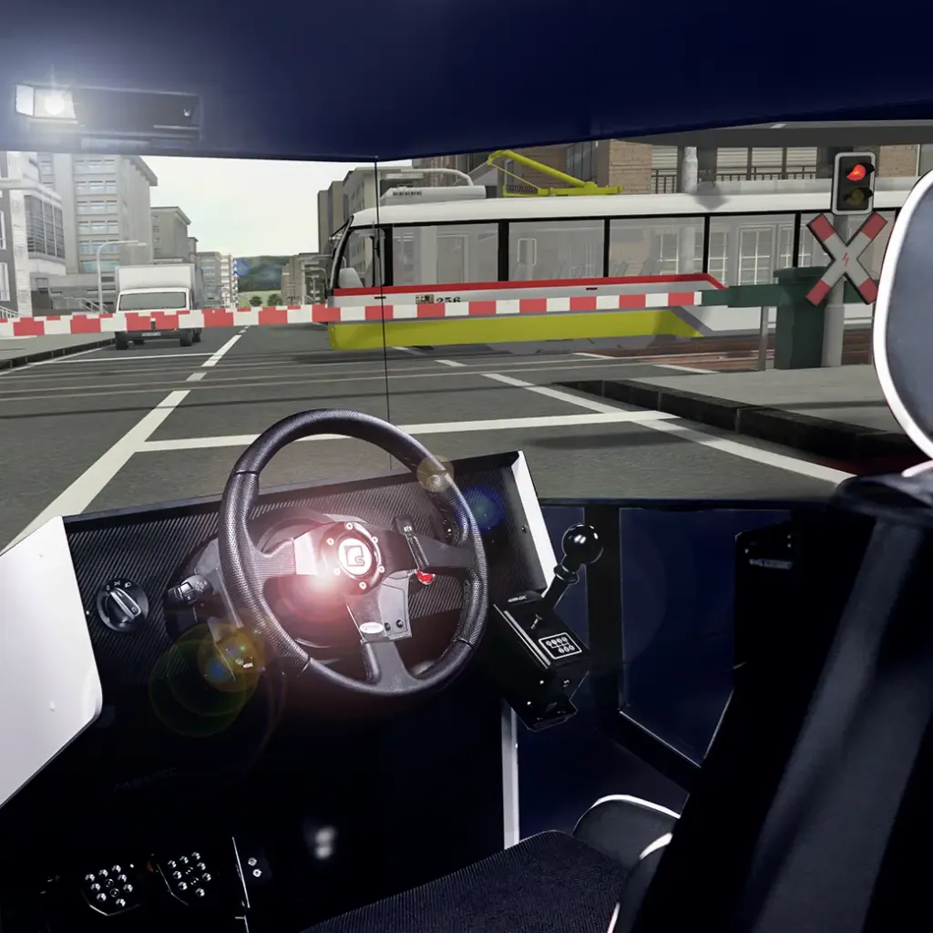 Simulator-Szene am Bahnübergang